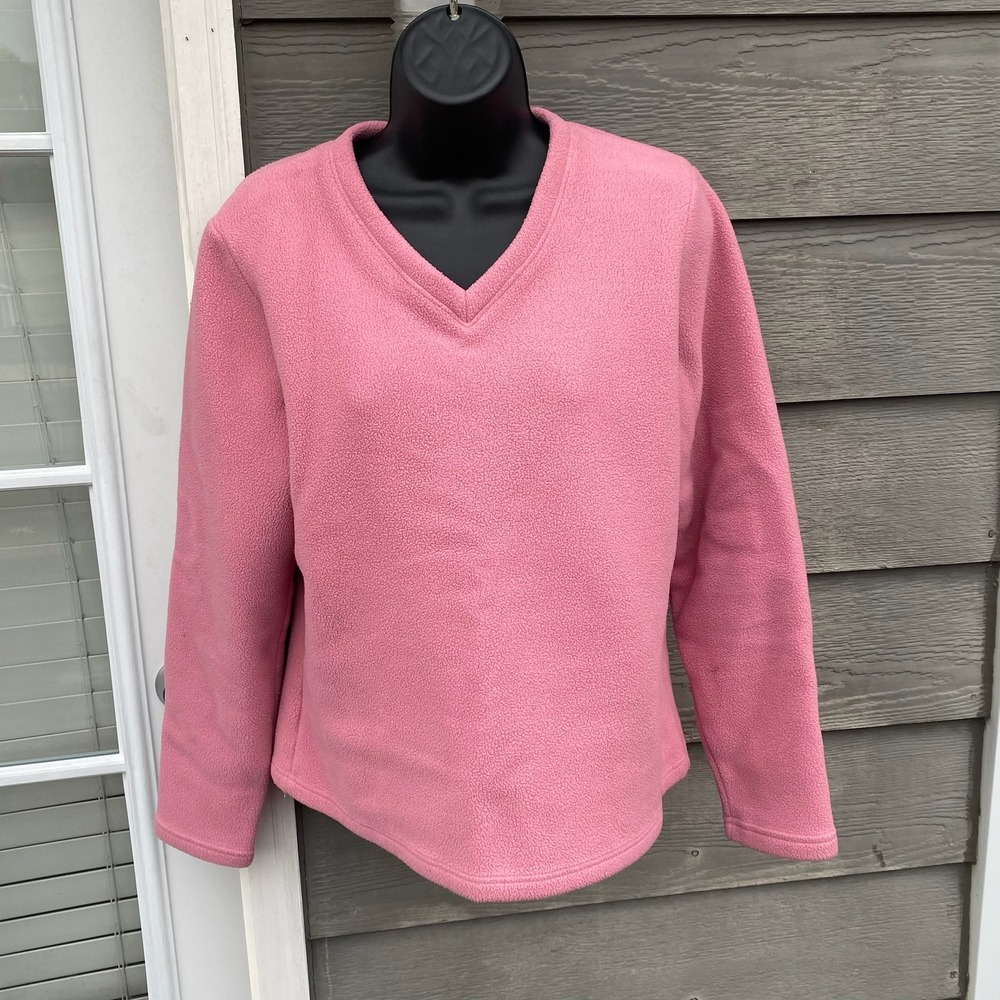L.L.Bean Pink Fleece V Neck Long Sleeve Pullover Sweater Women's Size M - Picture 4 of 8